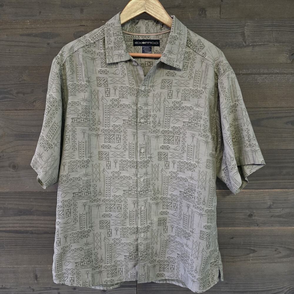 ExOfficio Men's M Fishing Nymphs Fly Fishing Shirt Short Sleeve Tribal Print